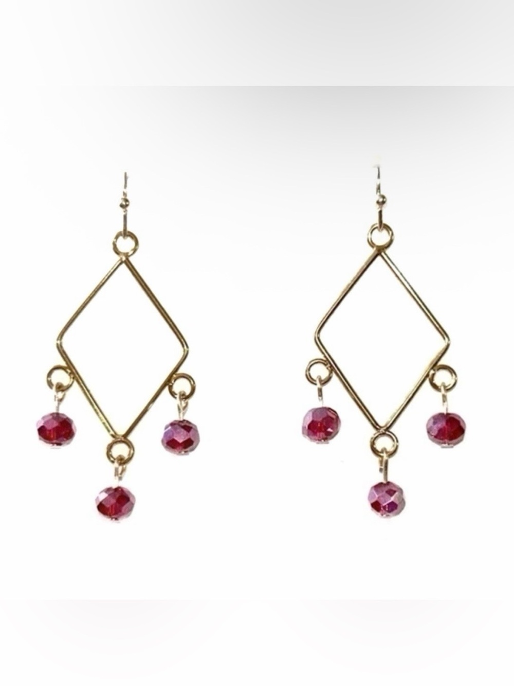 Gold Diamond-Shaped Earrings with Red Crystal Drops